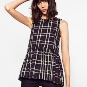 Zara Sleeveless Plaid Back Tie Peplum Top- size XS